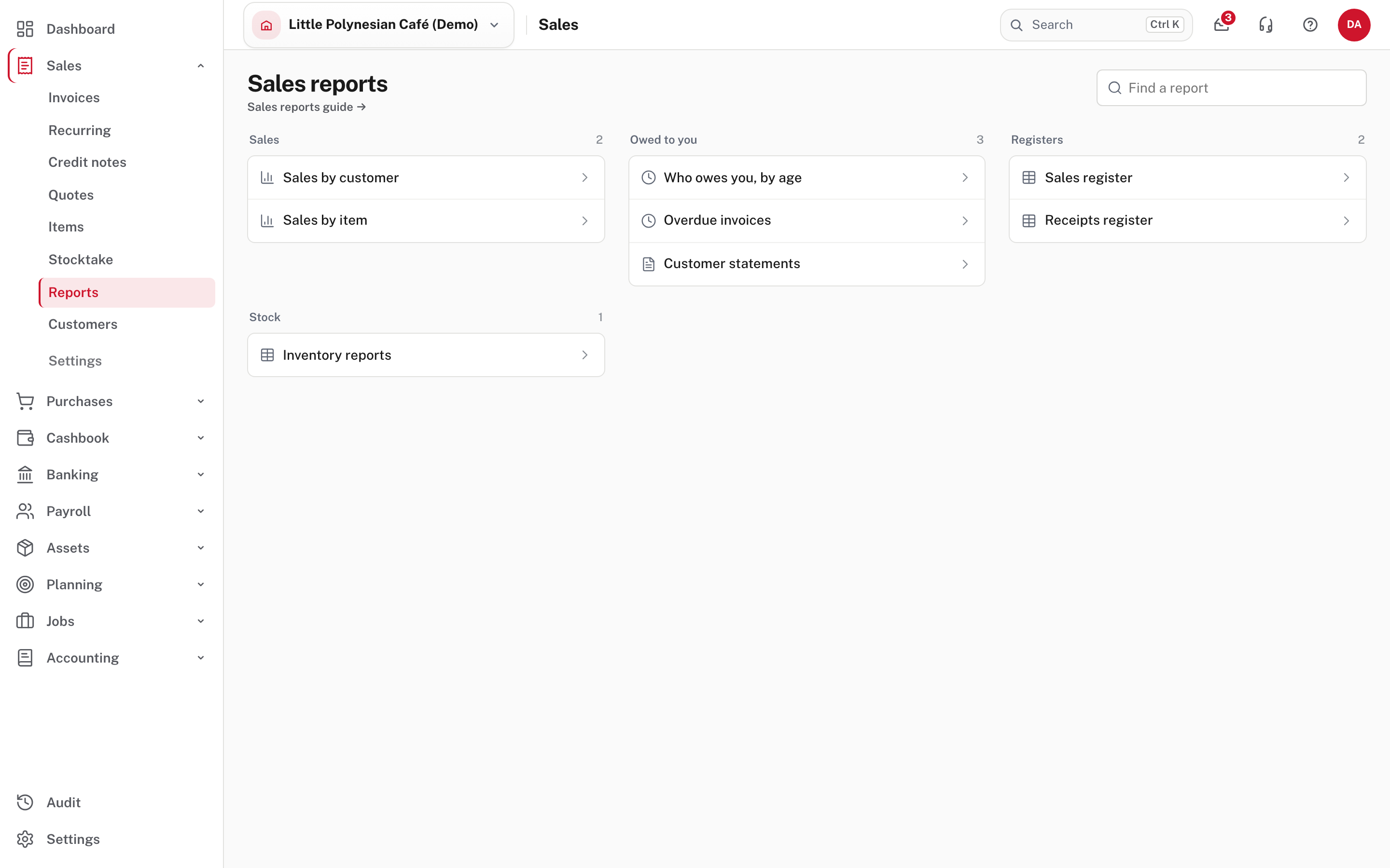 Sales reports: sales, what is owed to you, registers and stock