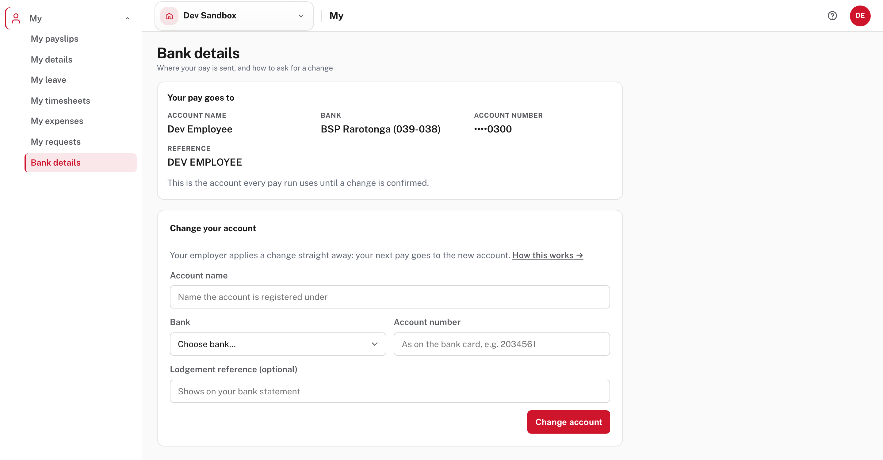 Bank details: where pay goes now (the number masked), and the form to change it