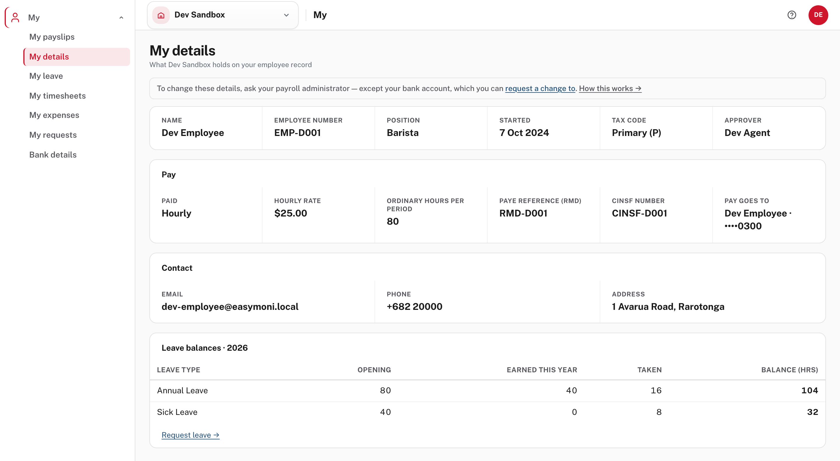My details: the record the company holds, read only, with leave balances below