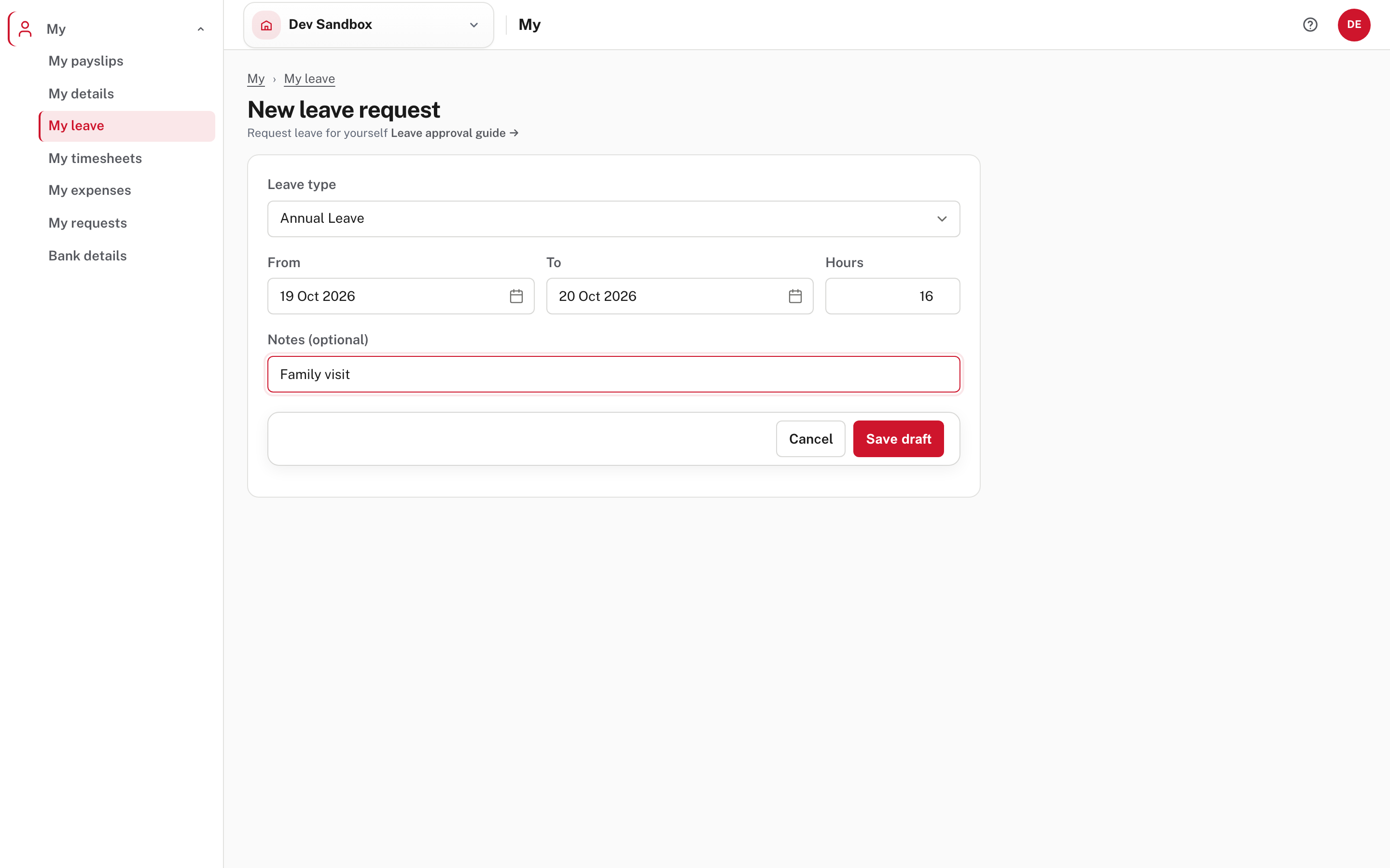 A new leave request: type, dates, hours and a note. There is no employee box, because it is always their own