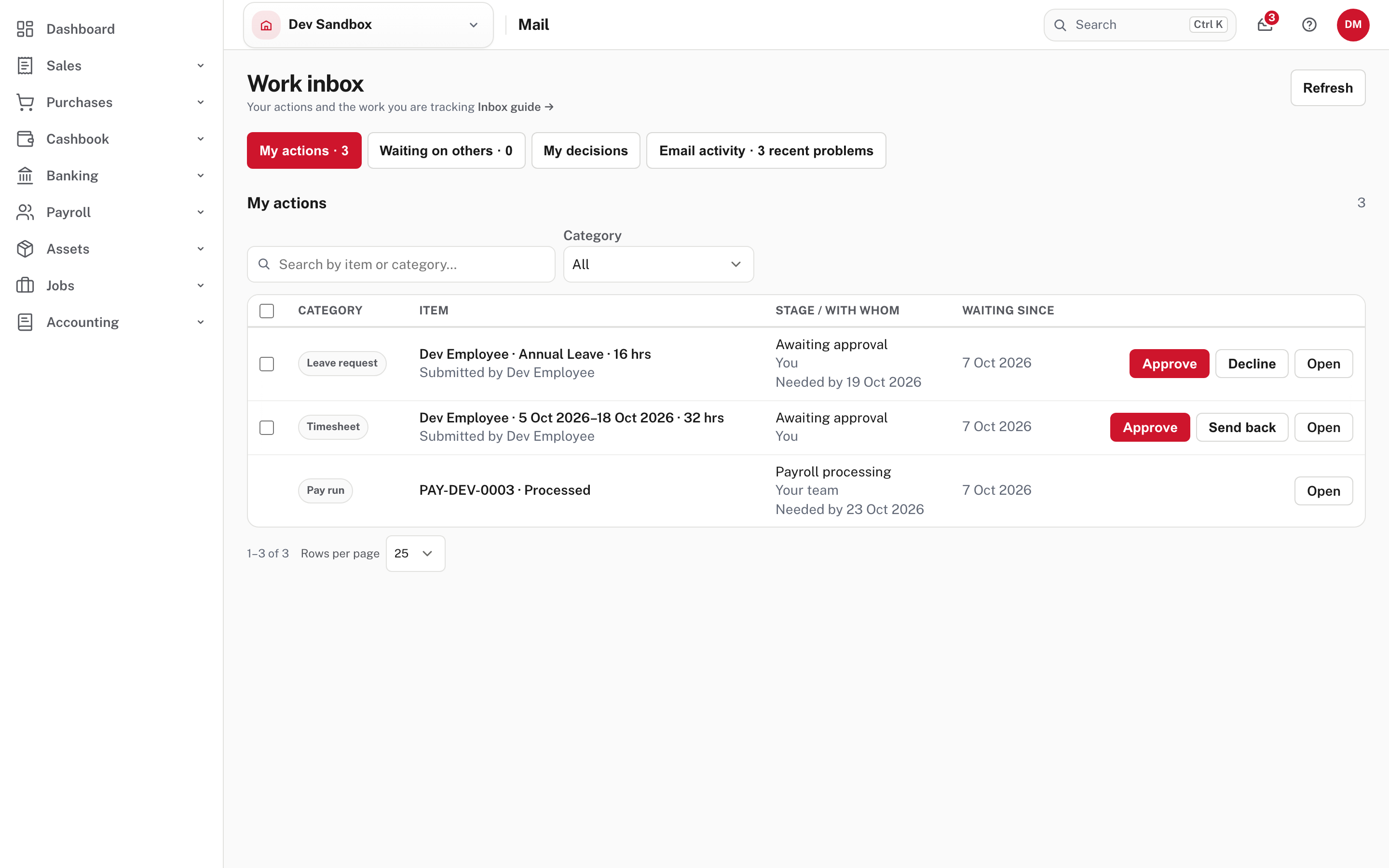 The Work inbox: the employee's leave request and timesheet, each with its buttons