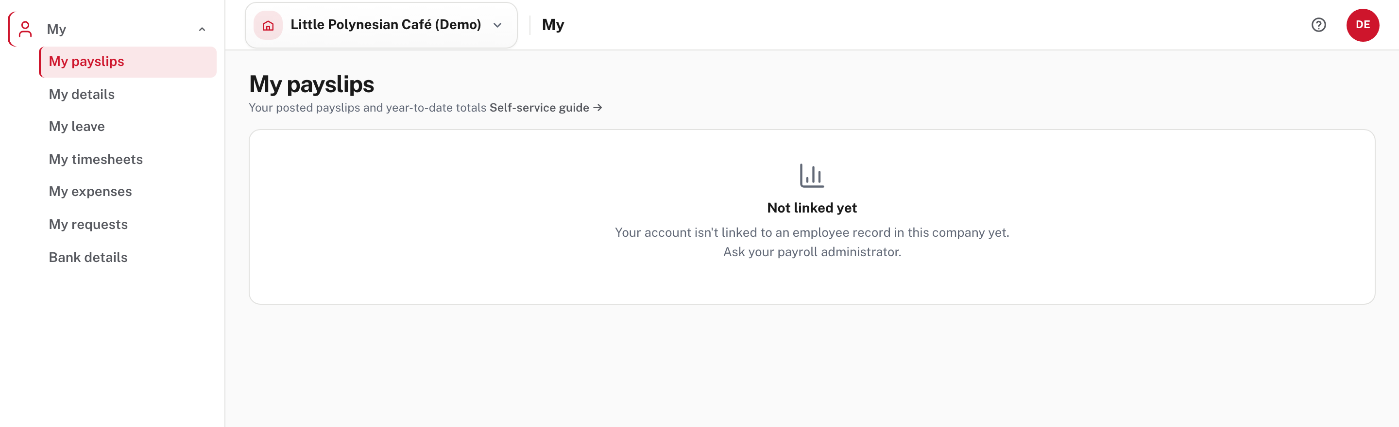 An account that is signed in but not tied to an employee shows Not linked yet