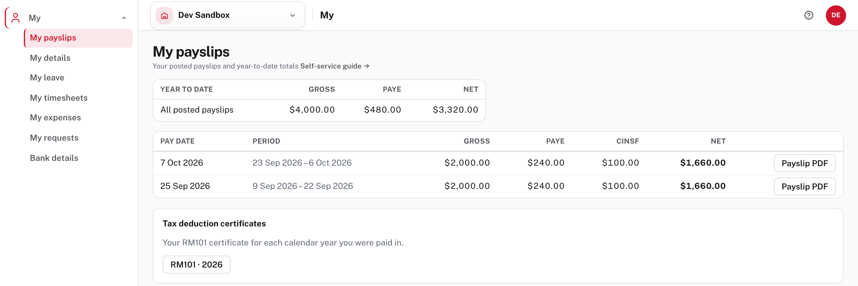 My payslips: year to date, each posted payslip, and the RM101 certificate