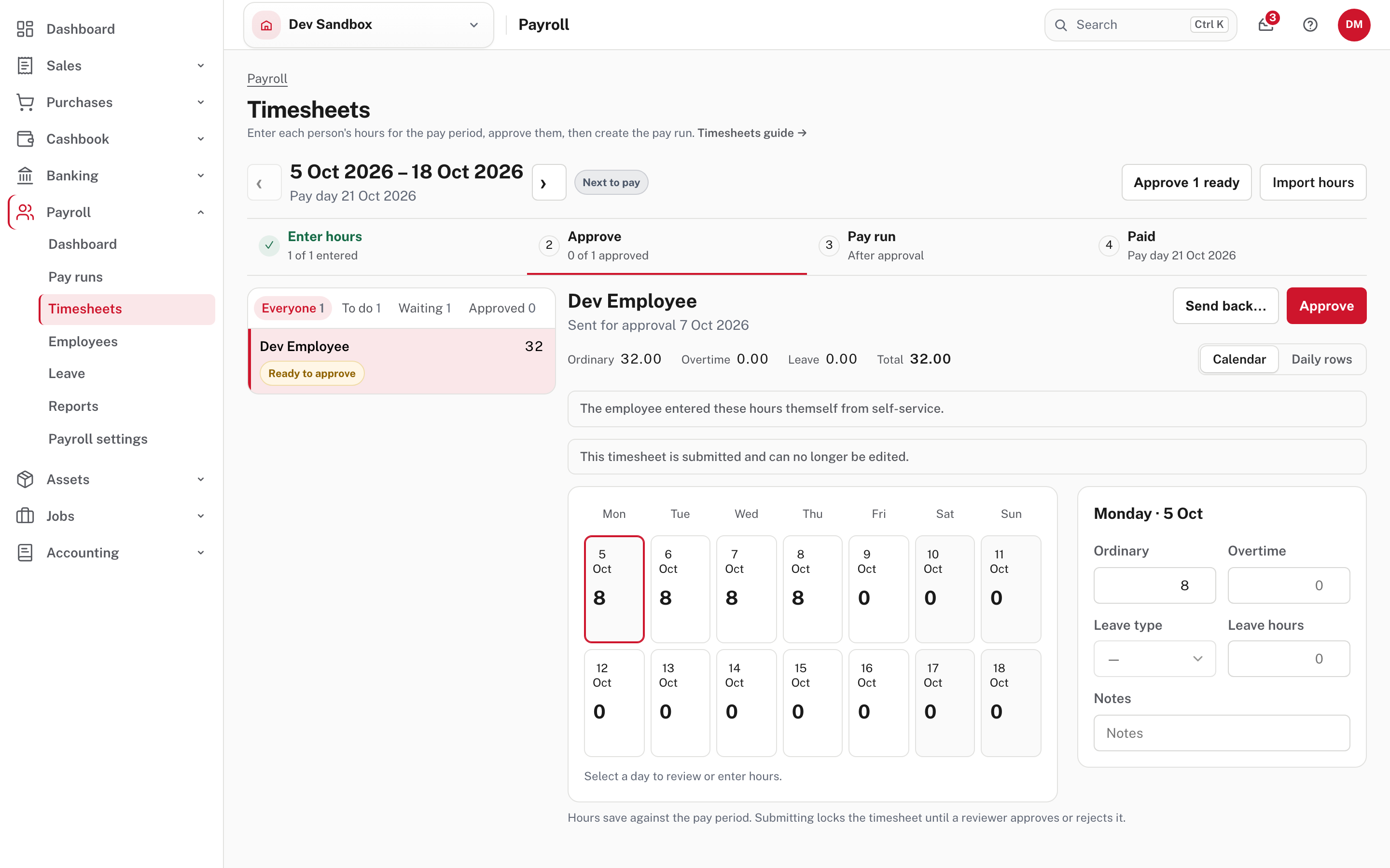 Timesheets: the employee's hours are Ready to approve, with Send back and Approve