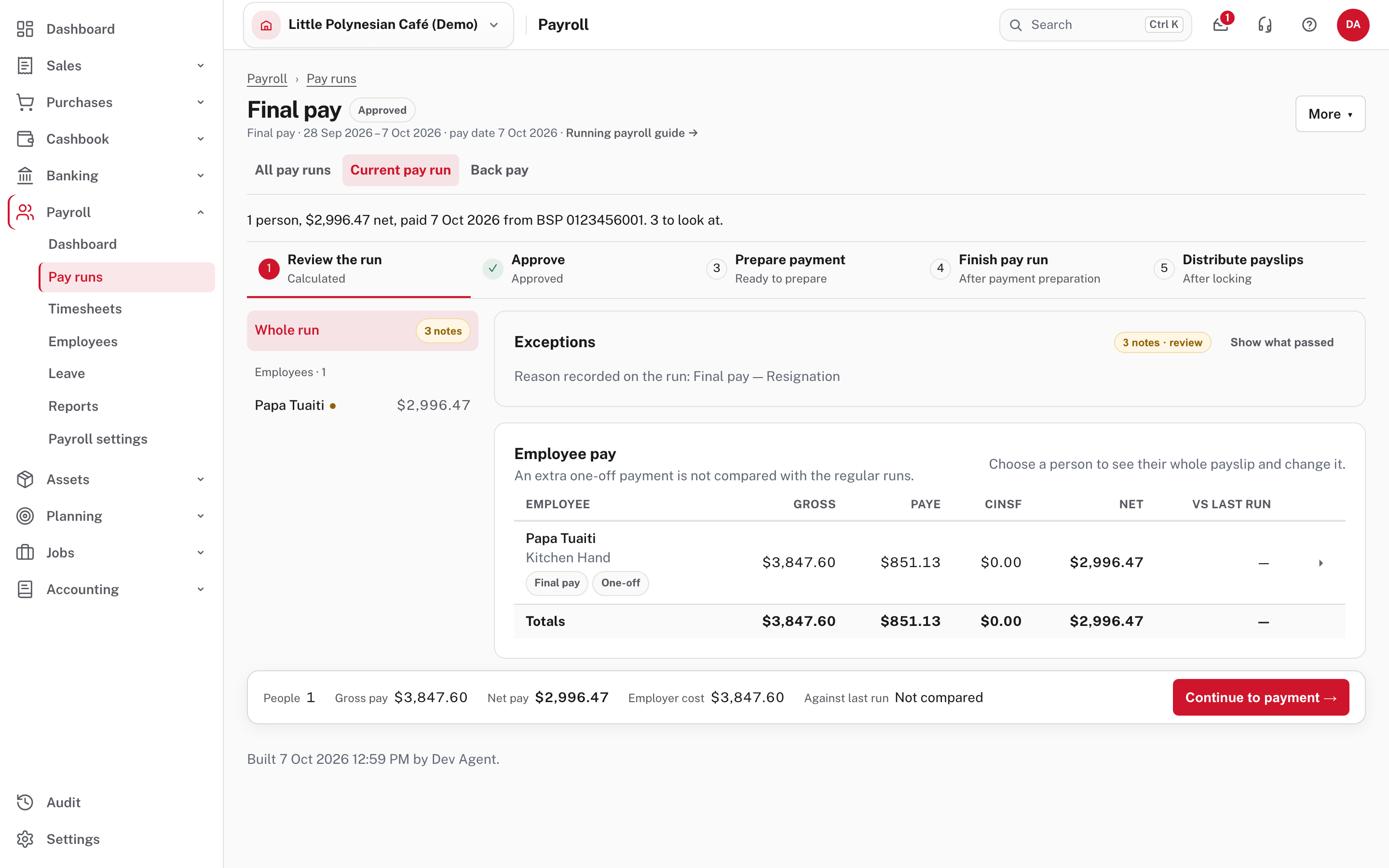The final pay run: pro-rata pay, the leave payout and notice, with PAYE worked out