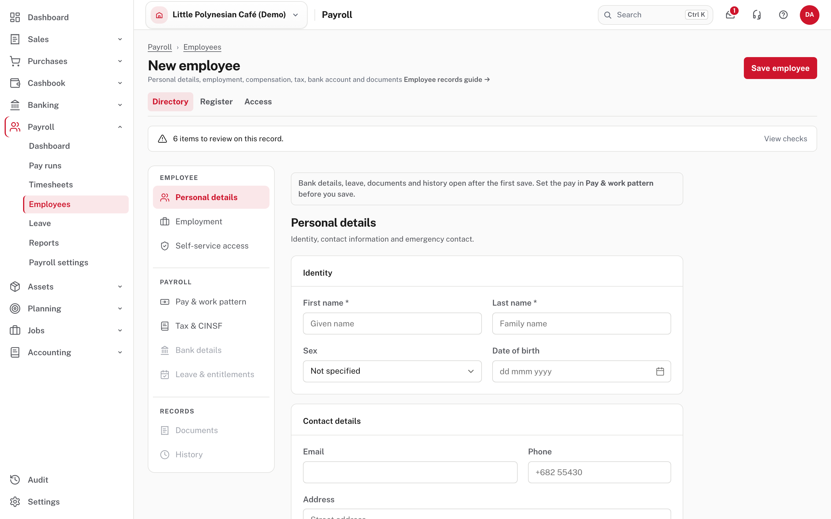 A new employee: personal details first, with the other sections down the left