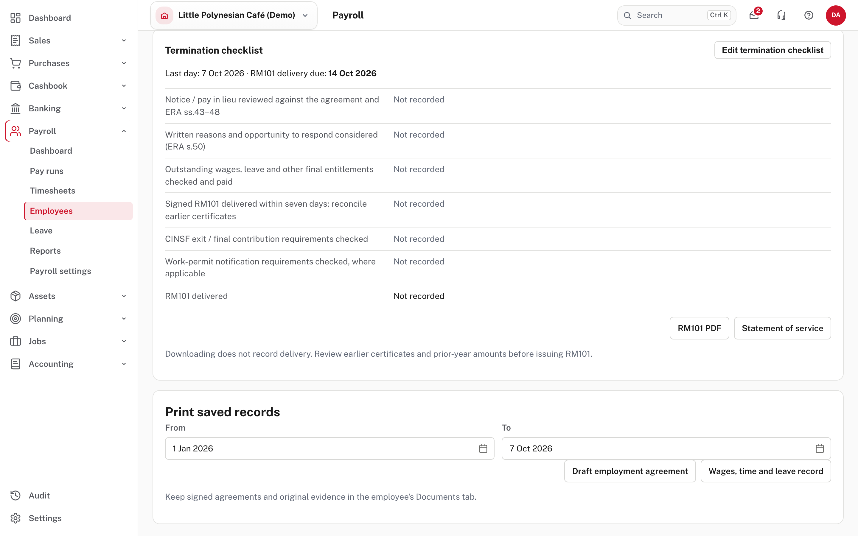 The termination checklist: the RM101 deadline and each step to record