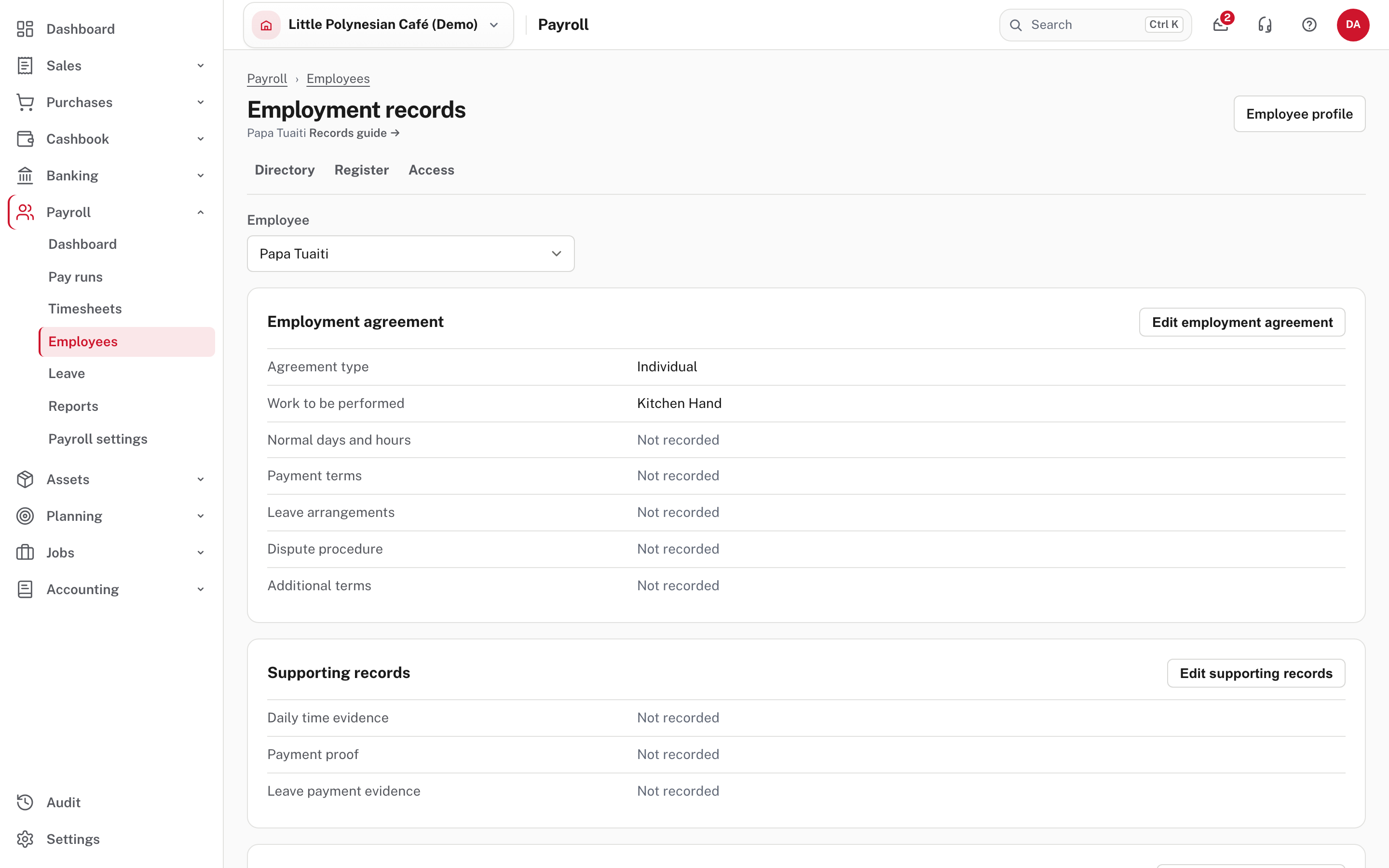 Employment records: the agreement, with fields not yet recorded