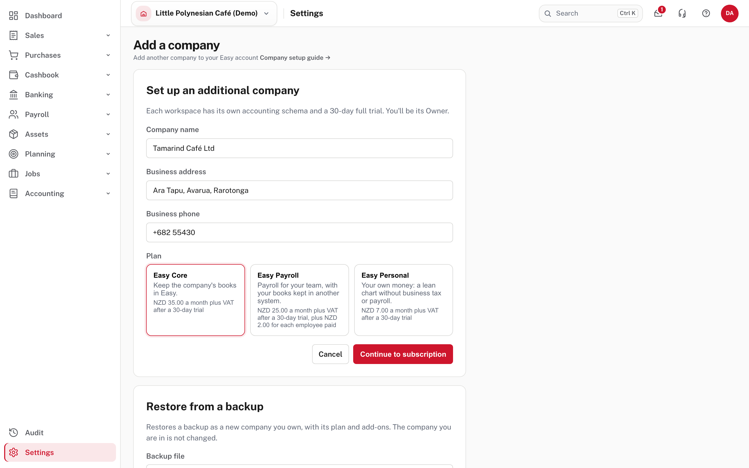 Add a company: name, address, phone and plan
