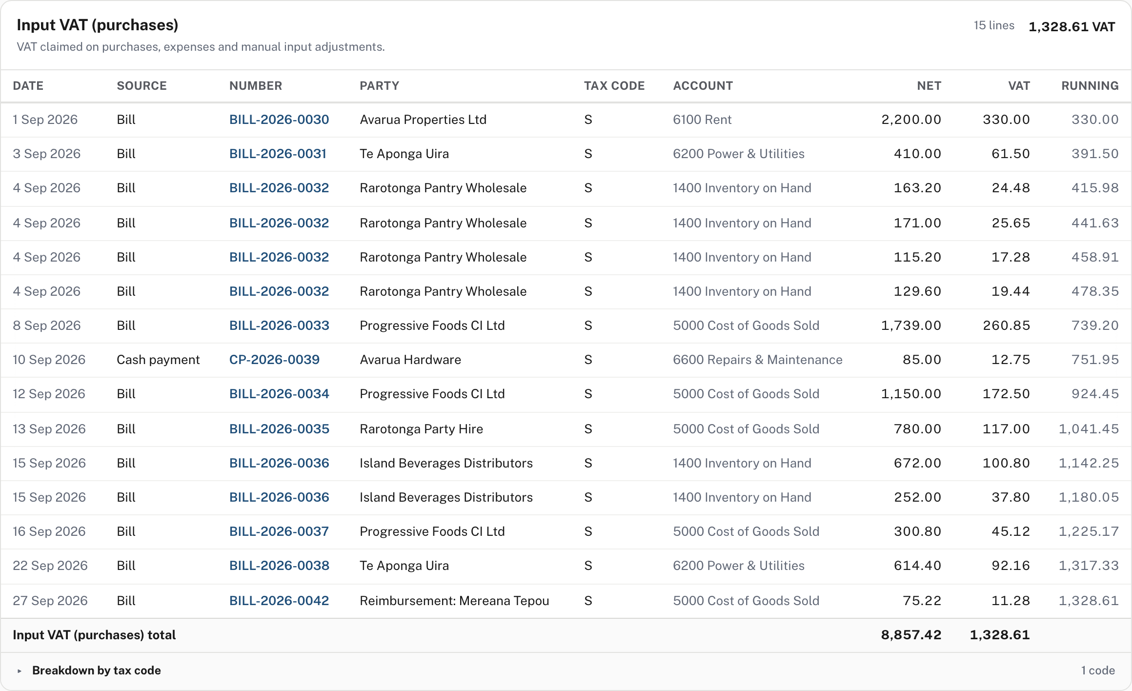 Input VAT: bills and one cash payment, each line with the VAT claimed