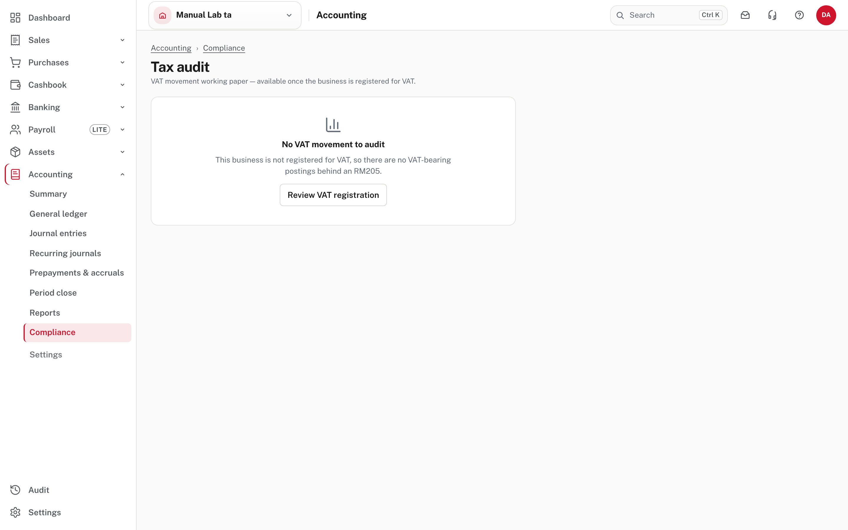Not registered: the page says there is no VAT movement to audit