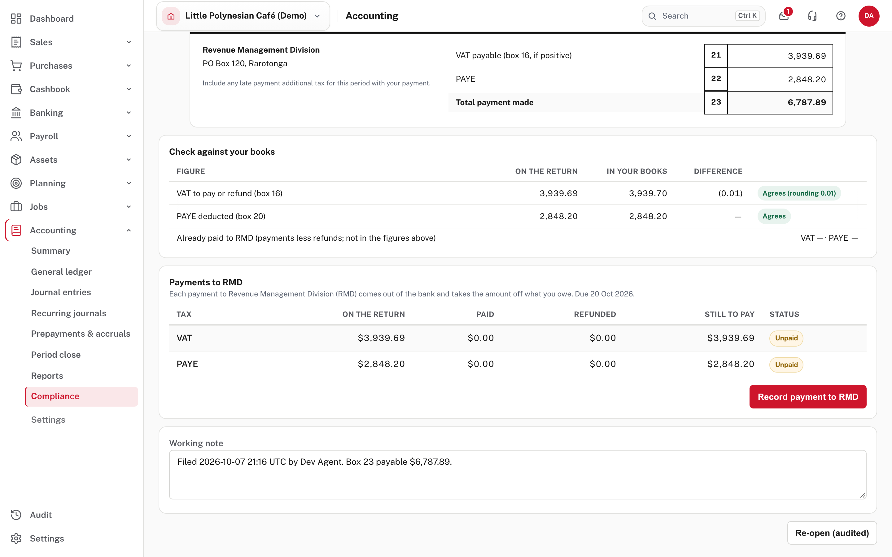 After filing: what is owed to RMD for the month