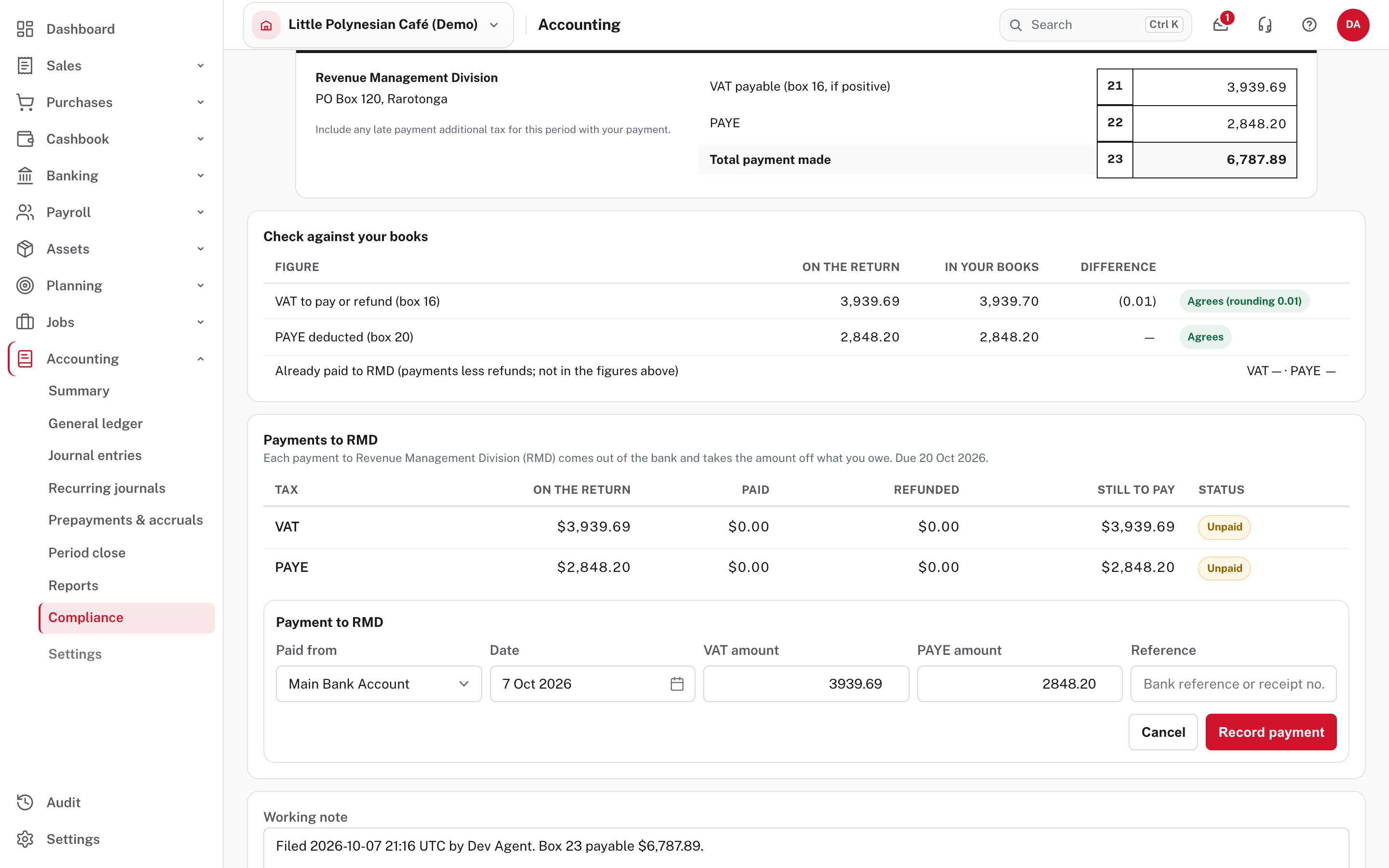 Recording the payment: bank account, date, VAT and PAYE amounts, reference