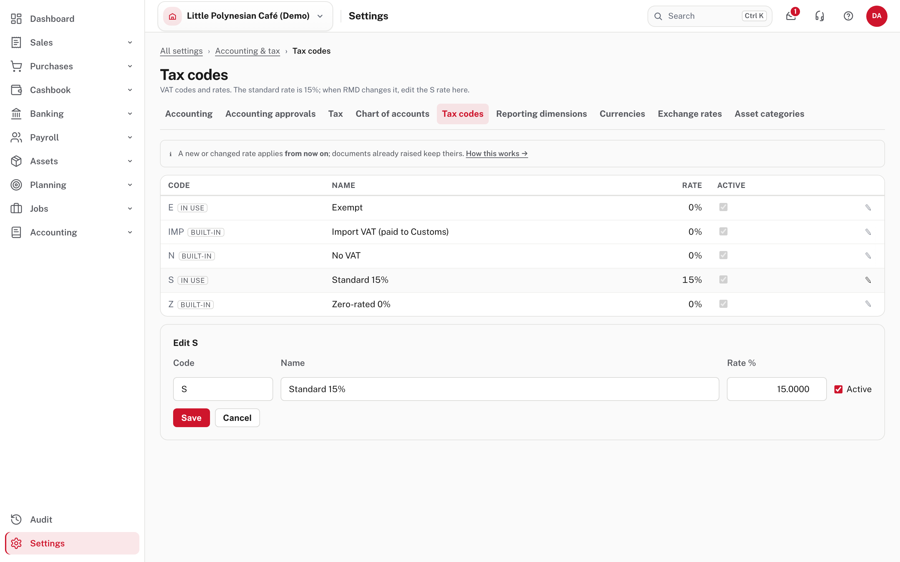 Edit S: change the rate; code, name and active can also be edited