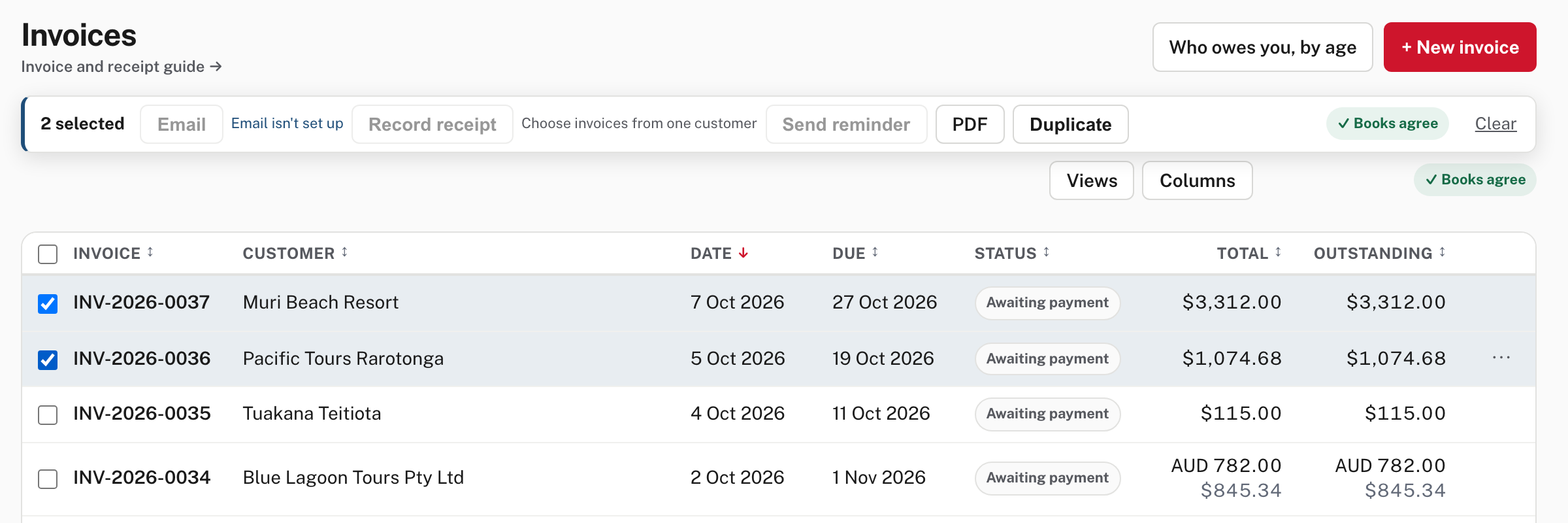Two invoices ticked: the bar offers Email, Record receipt, Send reminder, PDF and Duplicate