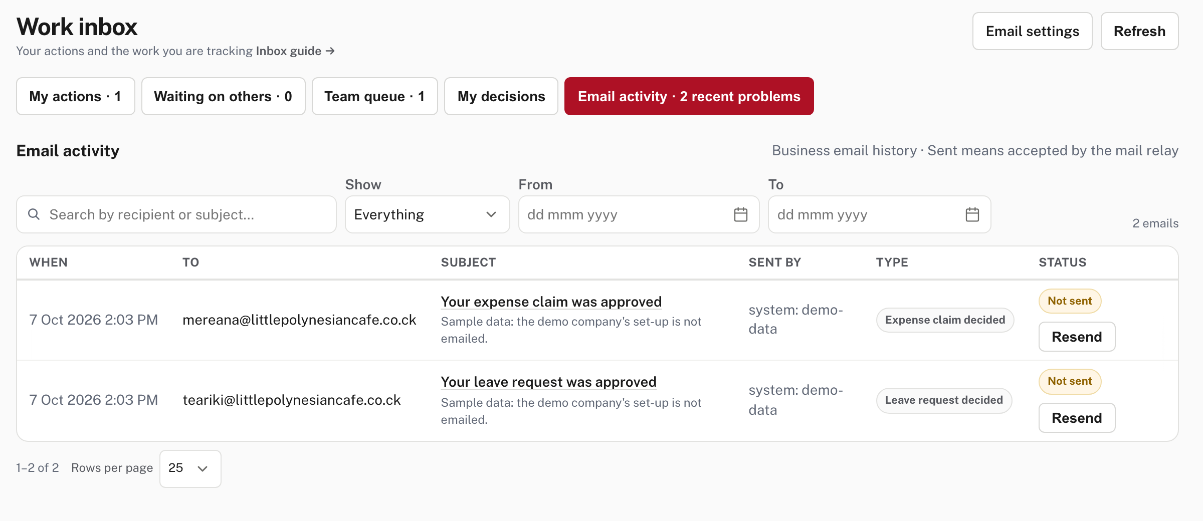 Email activity: search, filters, and each email with its status