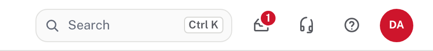 The top bar: Search, then the Mail icon with a red 1, Support access, Help and your account