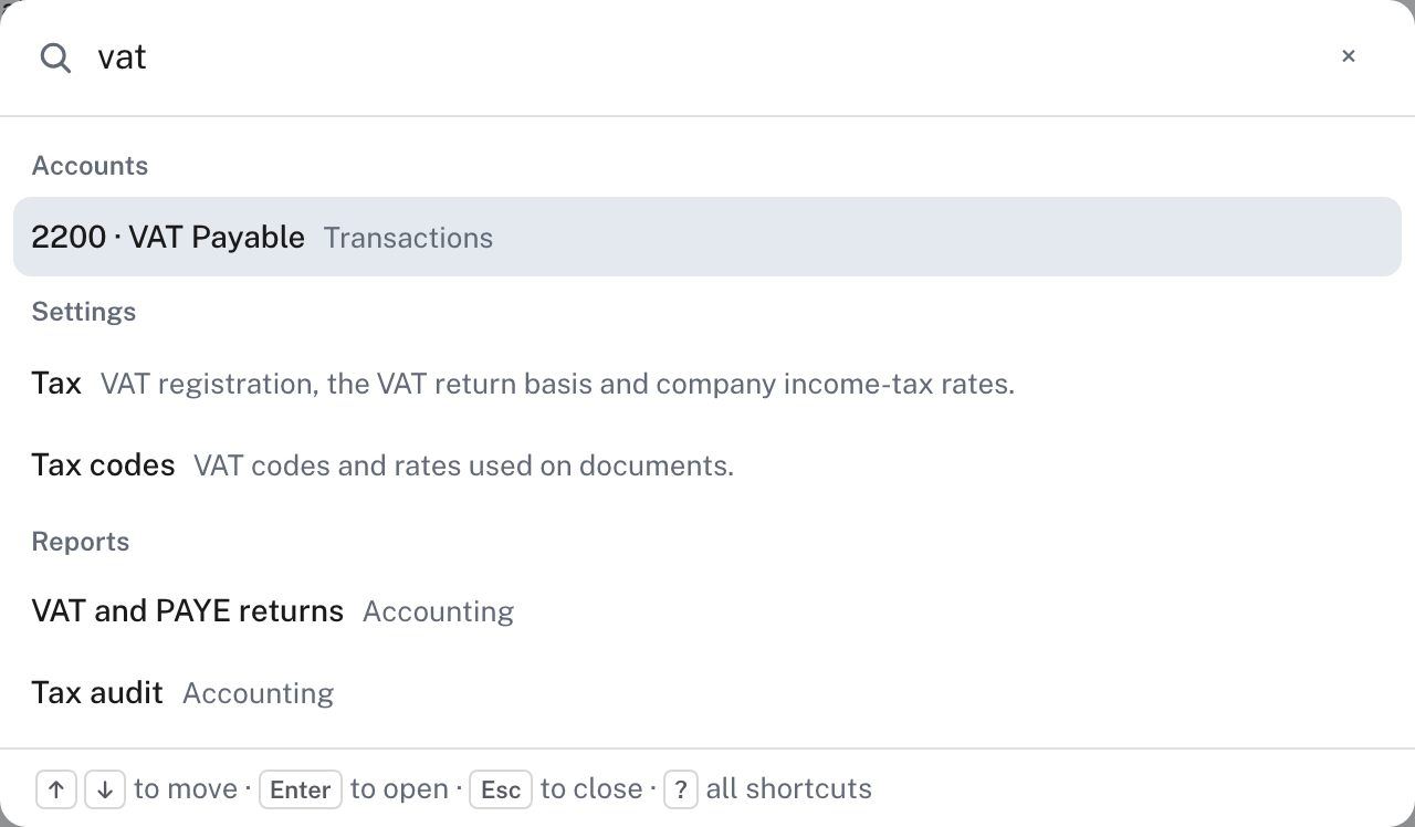 Typing "vat": an account, two settings and two reports, each in its own group