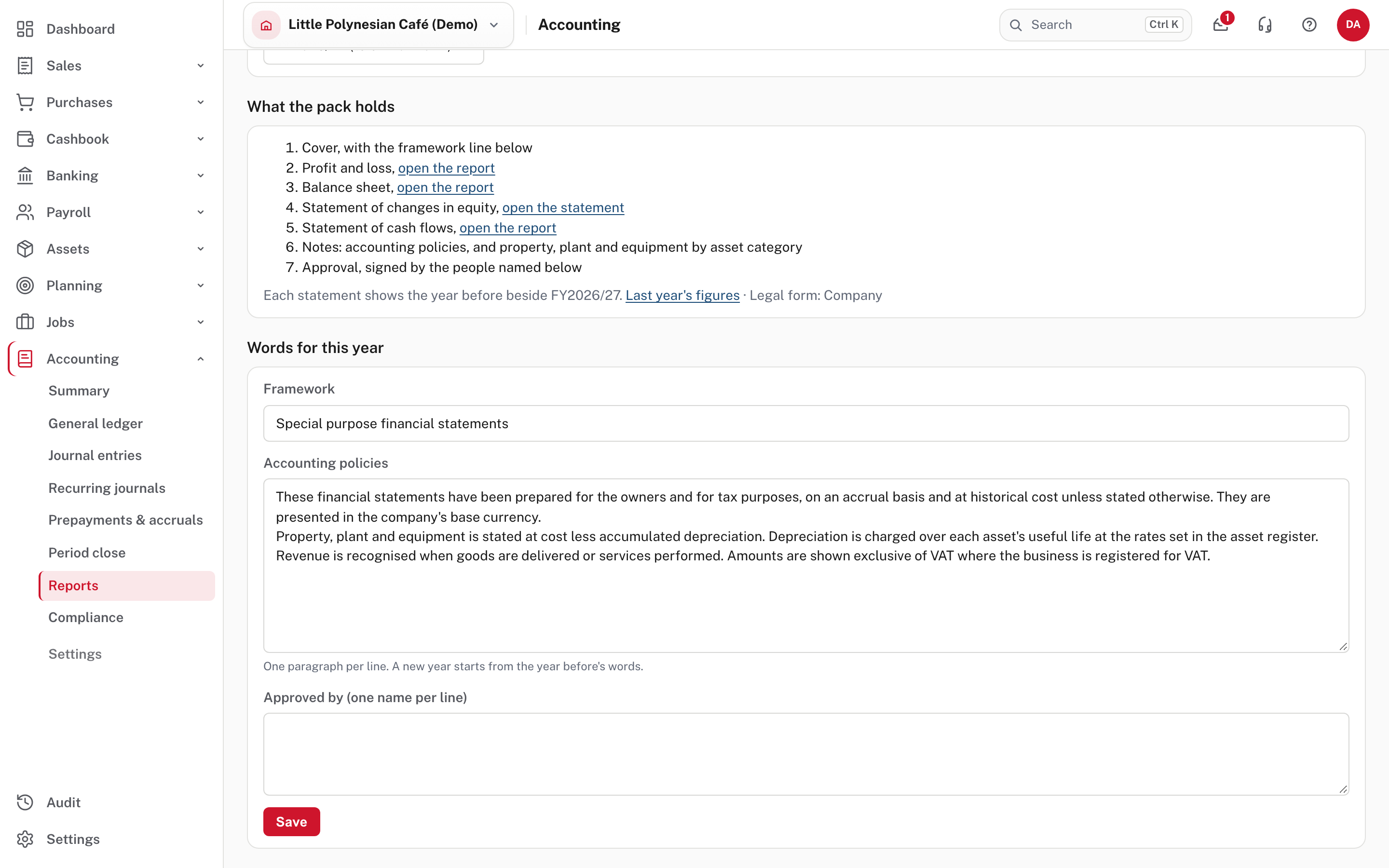 The three typed items: the framework line, the accounting policies and who approves